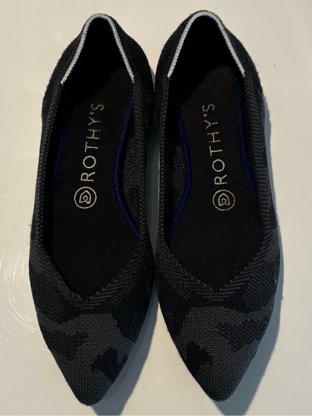 Rothy’s The Point Flats Black Gray Camouflage Pointed Toe Shoes Women’s Size 7